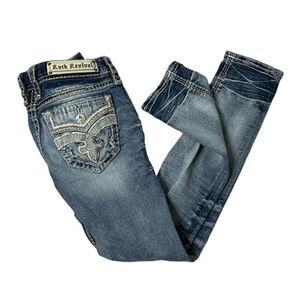 ROCK REVIVAL Jeans Sakai Ankle Skinny Rhinestones Stitching Distressed Size 27
